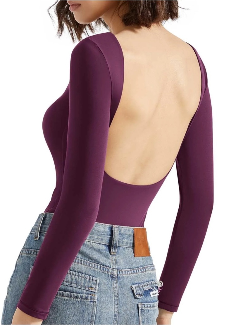 11L NWOT Plunge Back Long Sleeve Bodysuit — Plum